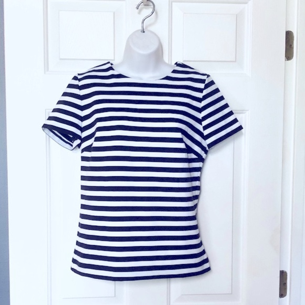 MICHAEL Michael Kors Blue and White Striped Short Sleeve Fitted Top Size Small